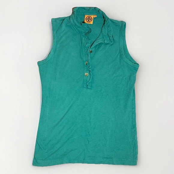 TORY BURCH Sleeveless Ruffled Lidia Green Polo Gold Logo Button Tank Medium - Picture 1 of 7